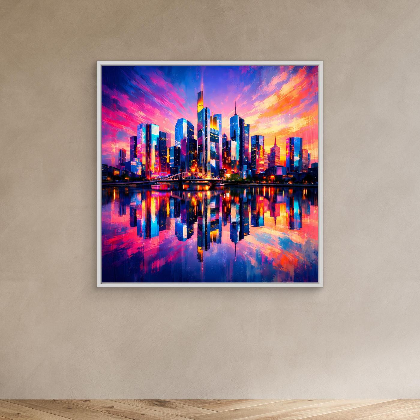 Leinwand Farbenfrohe Frankfurt Skyline bei Sonnenuntergang | Modernes Wandbild