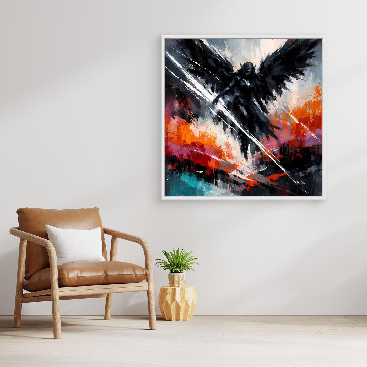 Abstraktes Leinwand-Wandbild mit schwarzem Engelsmotiv, silberfarbener Rahmen