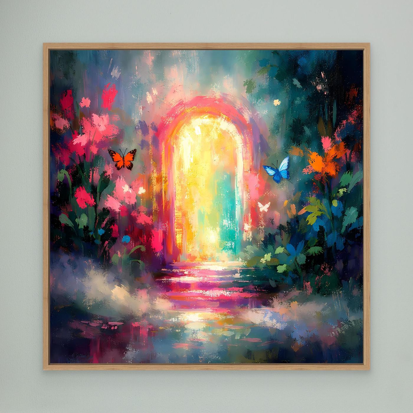 Abstraktes Wandbild mit hellem Holzrahmen: leuchtendes Tor, Blumen und Schmetterlinge
