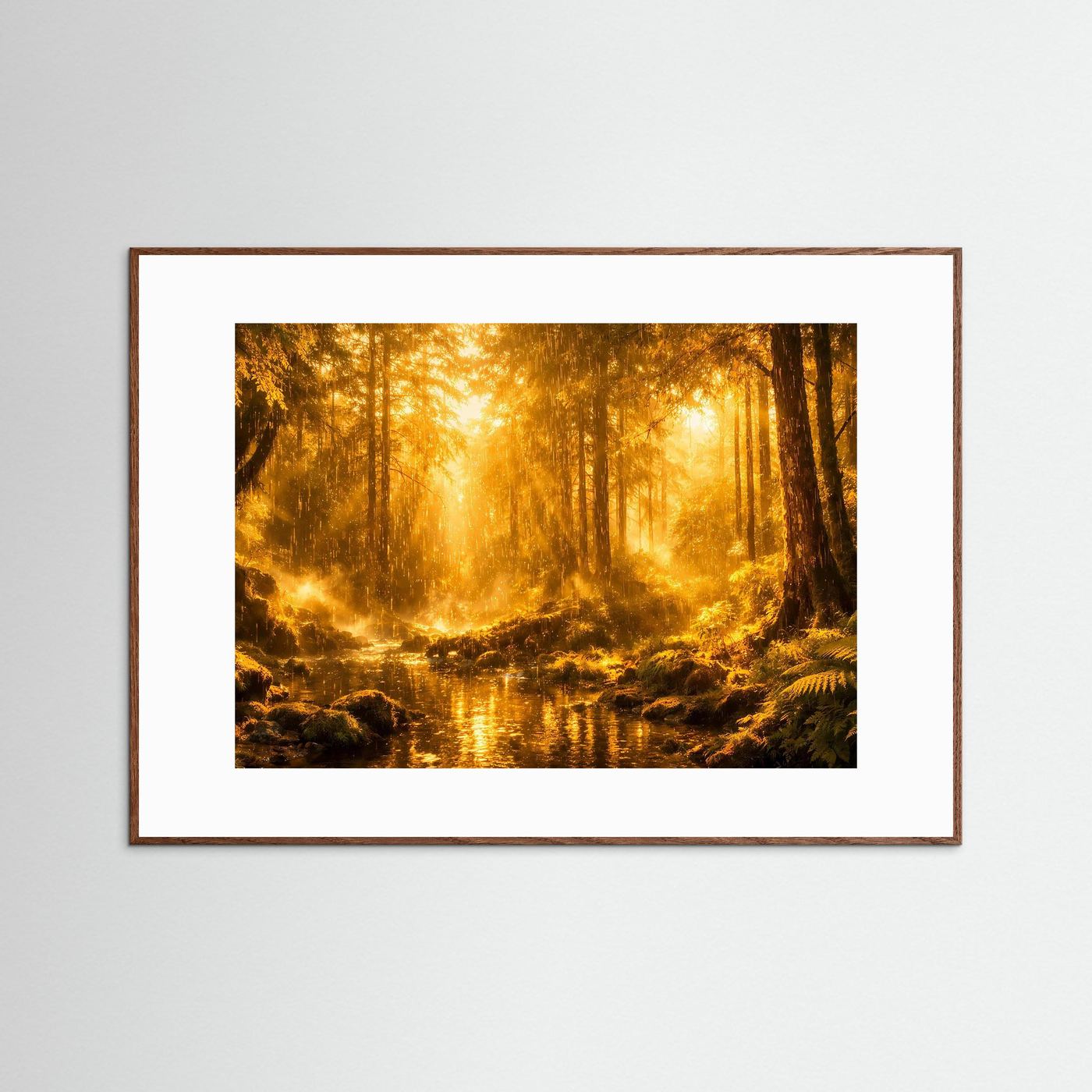 Wandposter mit Waldlandschaft und Fluss, in dunkelbraunem Holzrahmen