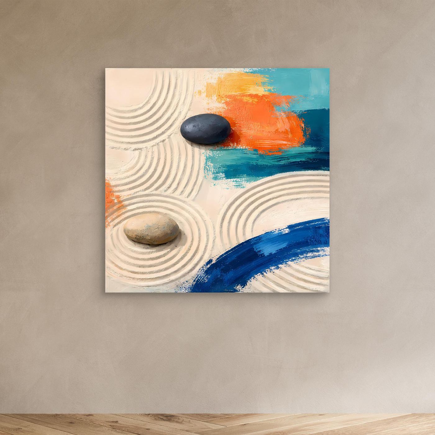 Leinwand Moderner Zen-Garten mit Steinen | Abstraktes Wandbild auf echter Leinwand