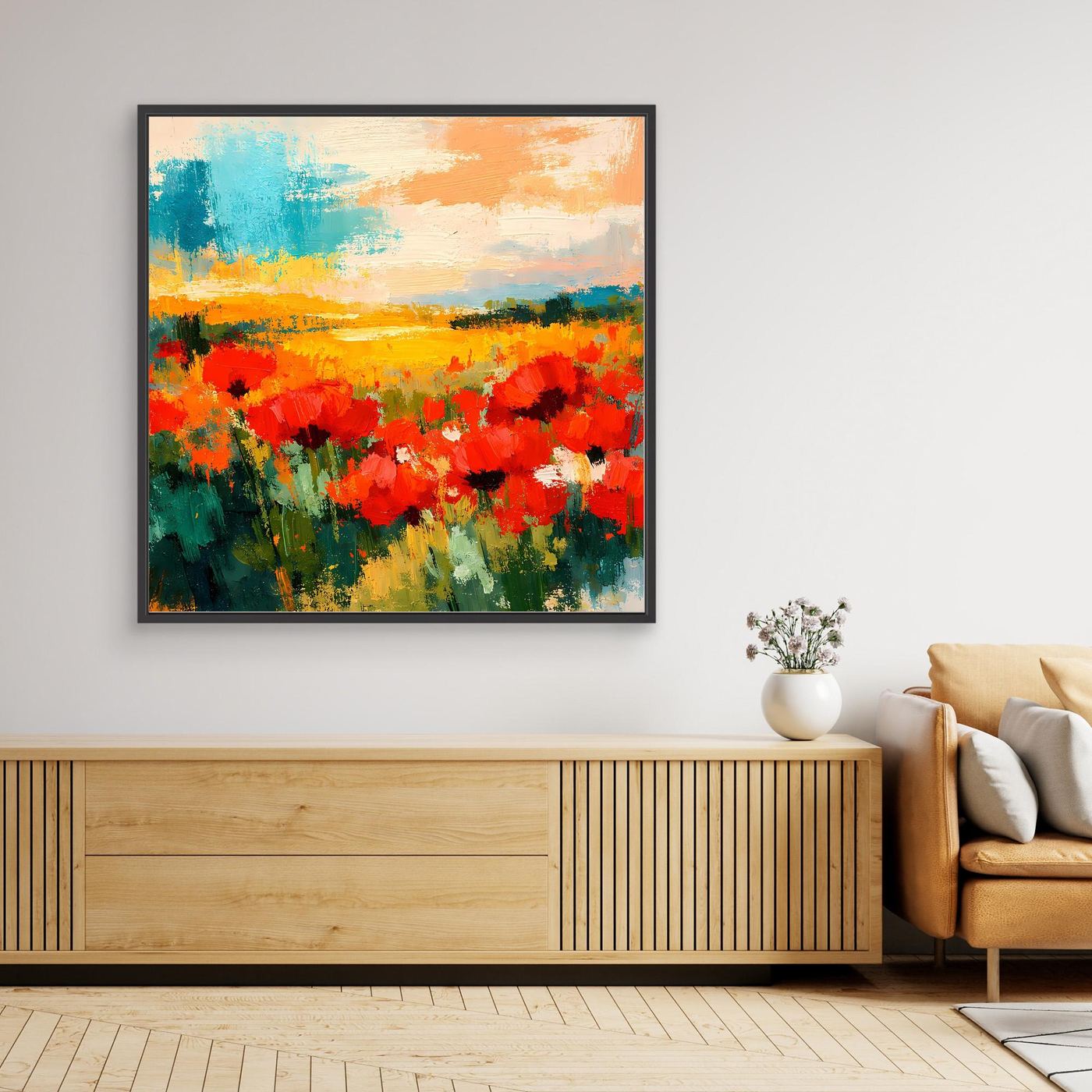 Abstract poppy field wall art with red blooms, yellow horizon, and blue sky; dark frame