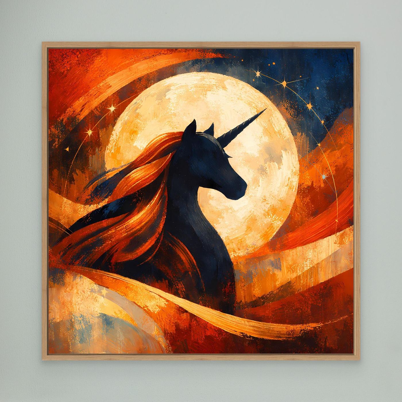 Leinwandbild mit Einhorn-Silhouette und Vollmond, in Eichenrahmen, warme Farbübergänge