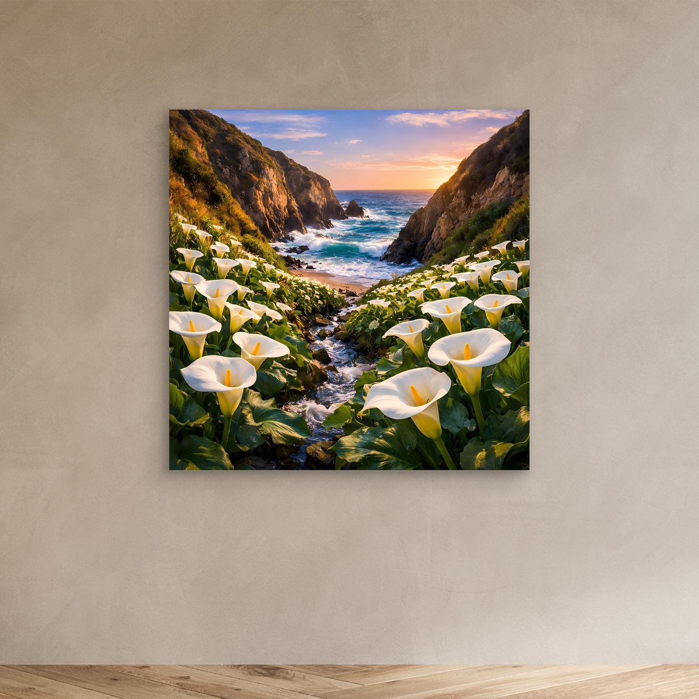 Leinwandbild mit Calla-Lilien und Küsten-Schlucht am Meer, ruhige Abendstimmung