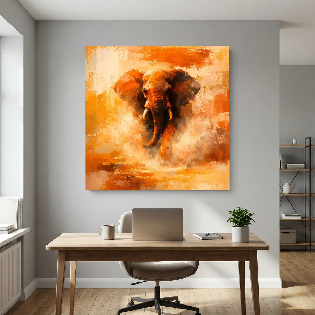 Leinwand Abstraktes Elefanten Gemälde | Modernes Kraftvolles Tier Wandbild Orange Ocker