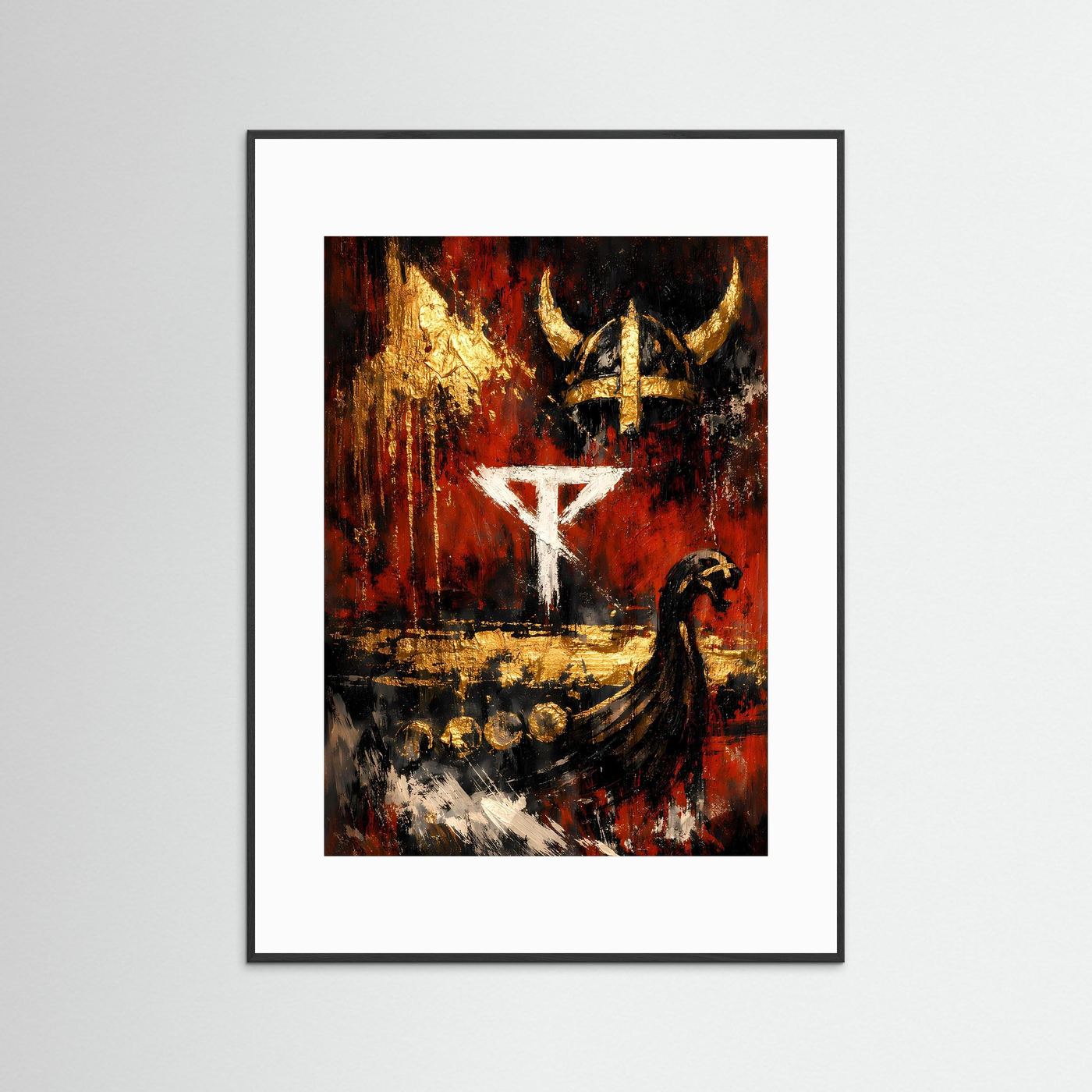 Hochformatiges Kunstposter mit Wikinger-Motiv, rot-schwarz-gold, schwarz mit weißem Passepartout
