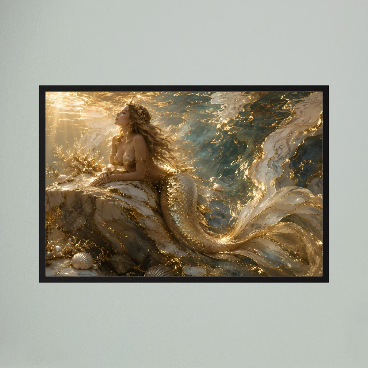Meerjungfrau-Wandbild, schwarzer Rahmen, goldene Unterwasser-Szene