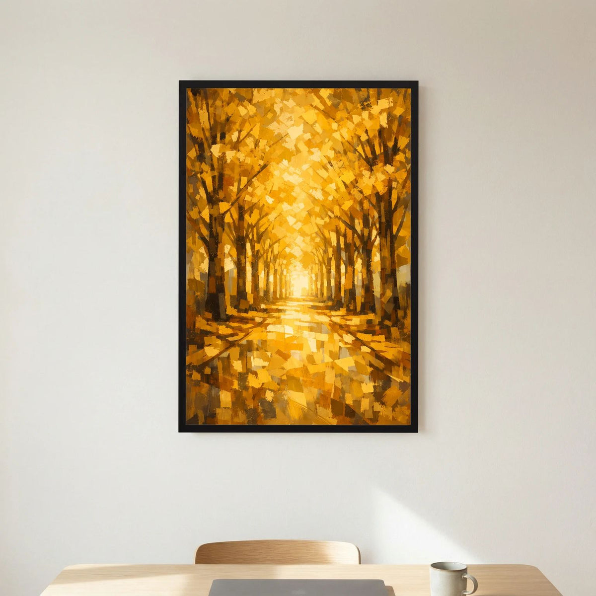 Herbstwald-Poster mit goldener Allee und leuchtendem Licht am Weg, schwarze Rahmung