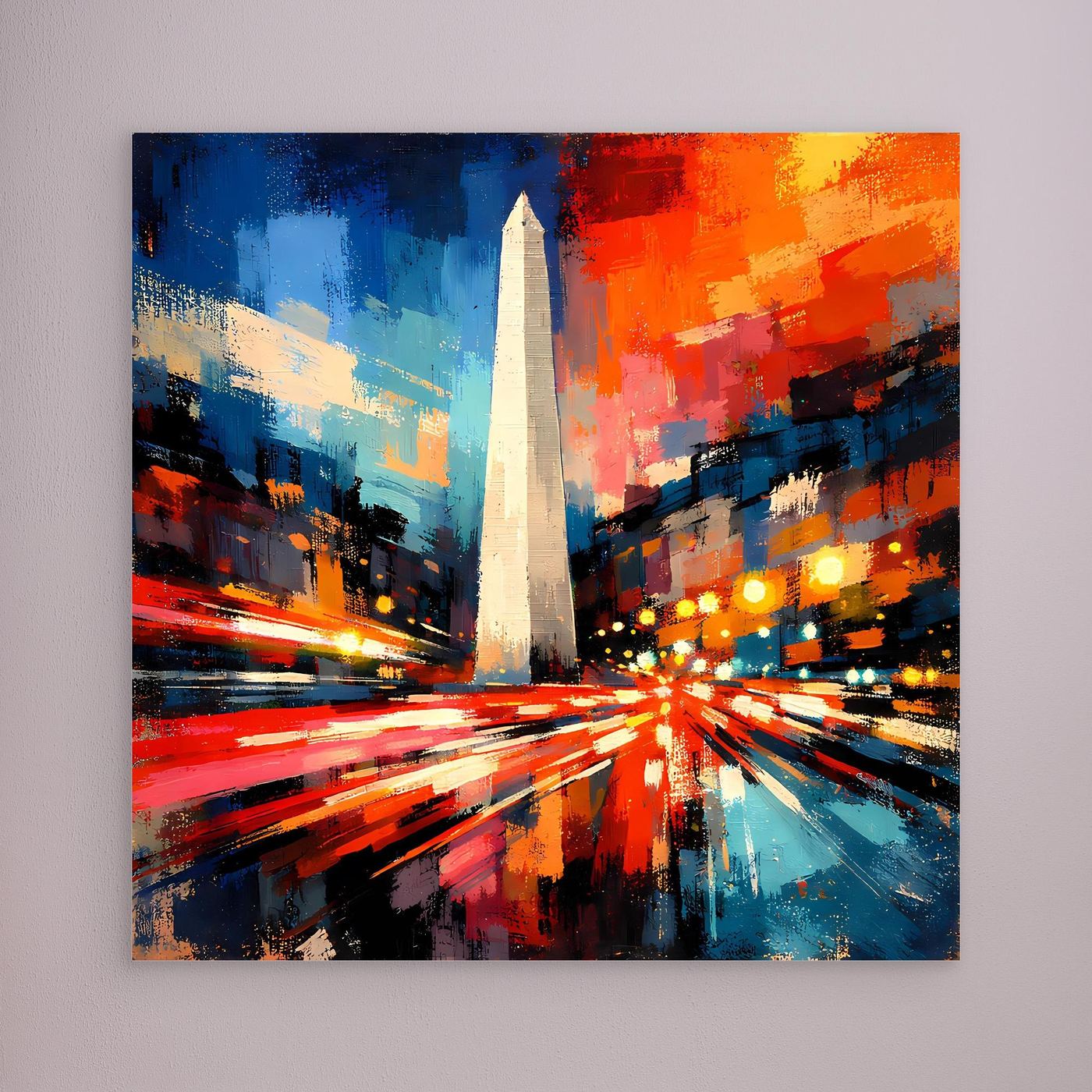 Abstraktes Wandbild mit Obelisk-Motiv in Blau, Rot und Orange, ohne sichtbaren Rahmen