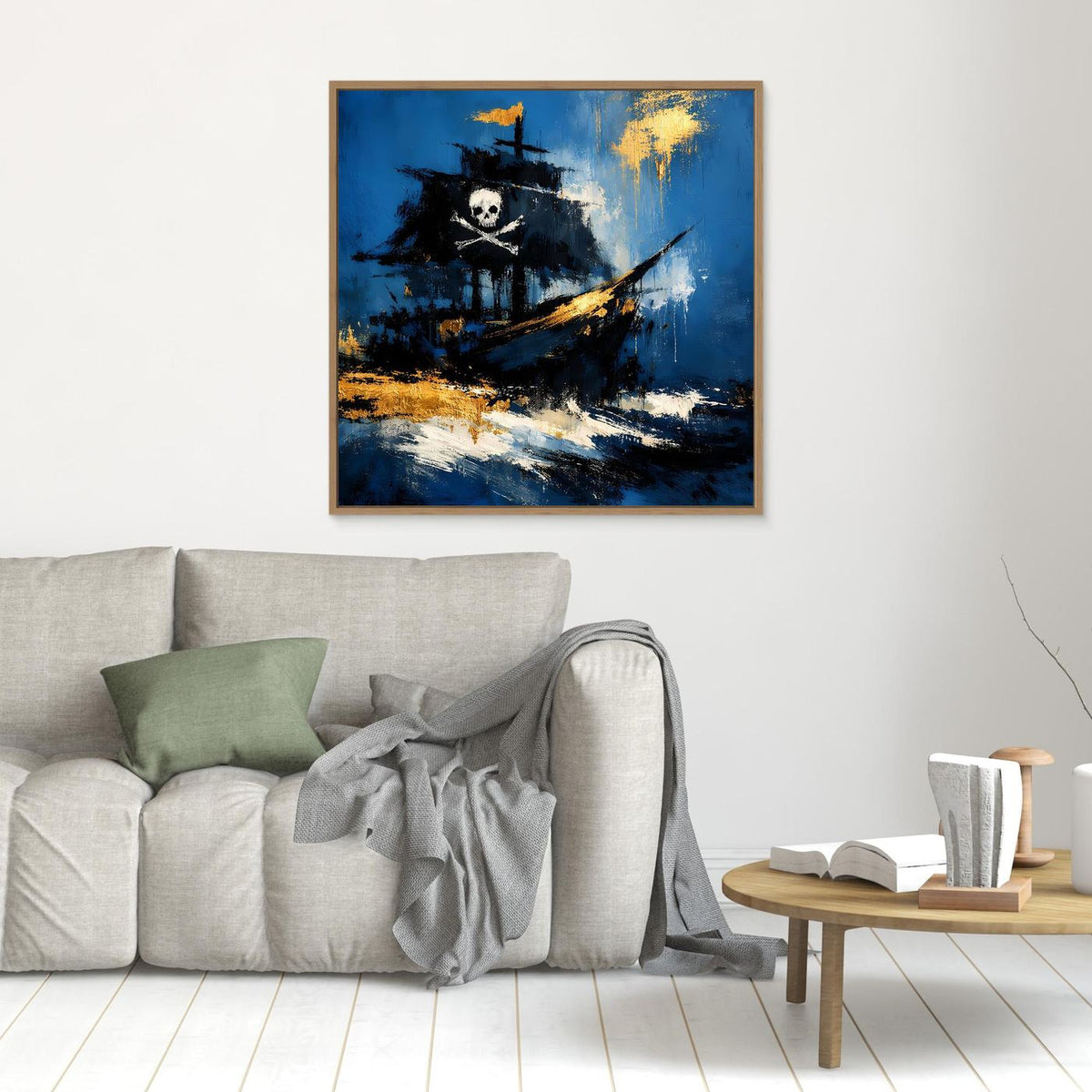 Piratenschiff-Leinwandbild mit Totenkopf, blau-schwarzer Abstraktion und goldenen Akzenten, Holzrahmen