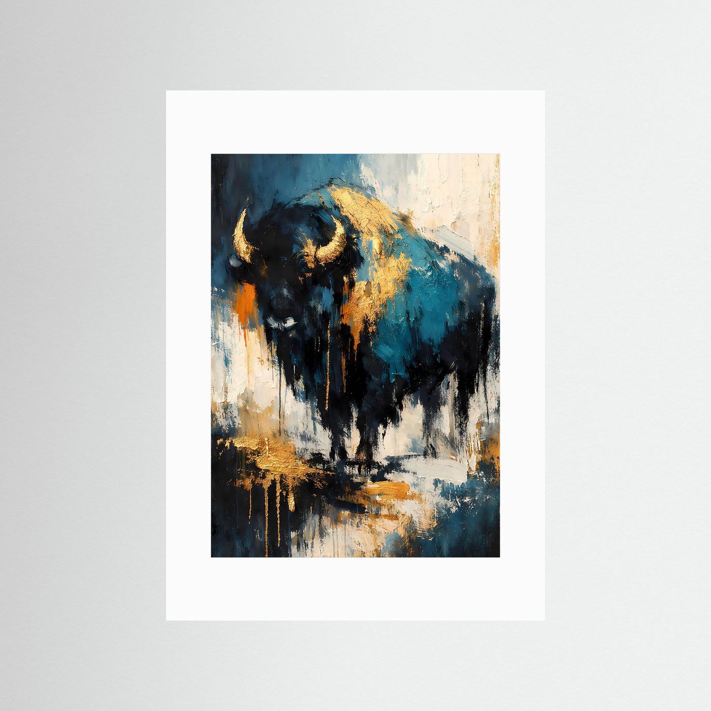 Kunstposter mit abstraktem Bisonporträt in Dunkelblau, Schwarz und Gold mit weißem Passepartout