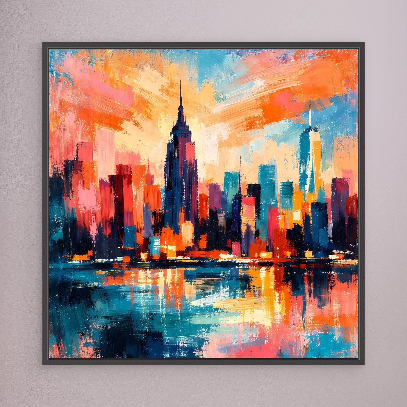 Gerahmtes abstraktes Leinwandbild: Skyline mit Wasserspiegelung, orange-blau, schwarzer Rahmen