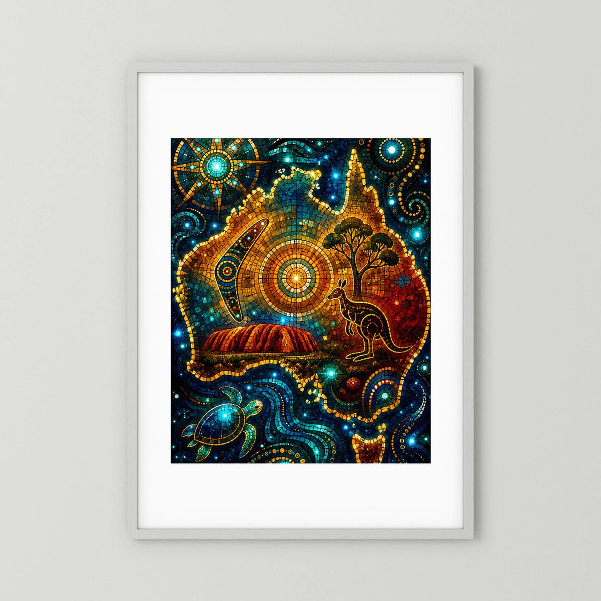 Hochformat-Poster mit Mosaikmotiv: Känguru, Uluru und Meeresschildkröte, weißer Rahmen.