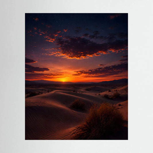 Poster im Hochformat mit Sanddünen bei Sonnenuntergang, orangefarbenes Licht und dunkler Himmel