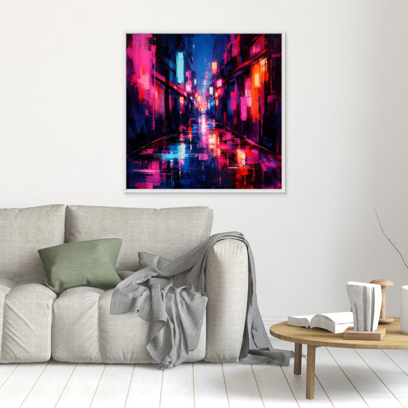 Leinwand Cyberpunk Nachtgasse im Regen | Modernes Neon Wandbild