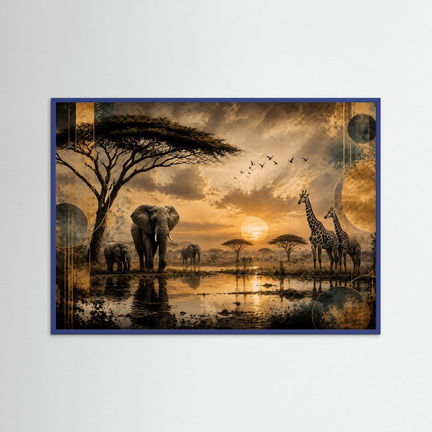 Querformat-Poster im blauem Rahmen: Elefanten, Giraffen und Sonnenuntergang in der Savanne