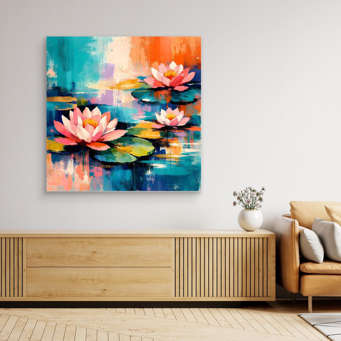 Leinwandbild mit abstrakten Wasserlilien, pinken Blüten und blaugrünen Reflexen