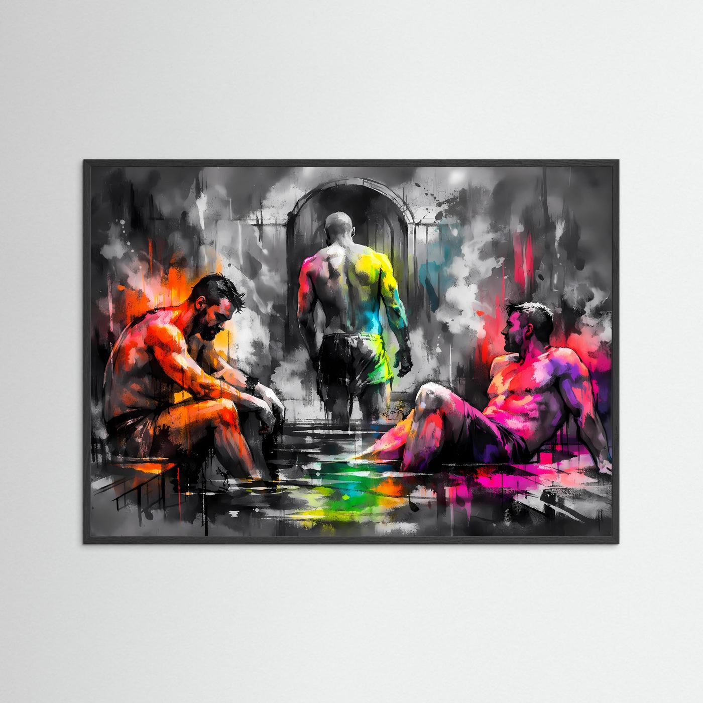 Querformat-Poster mit abstrakten Figuren in Orange, Pink und Gelb, im grauen Rahmen