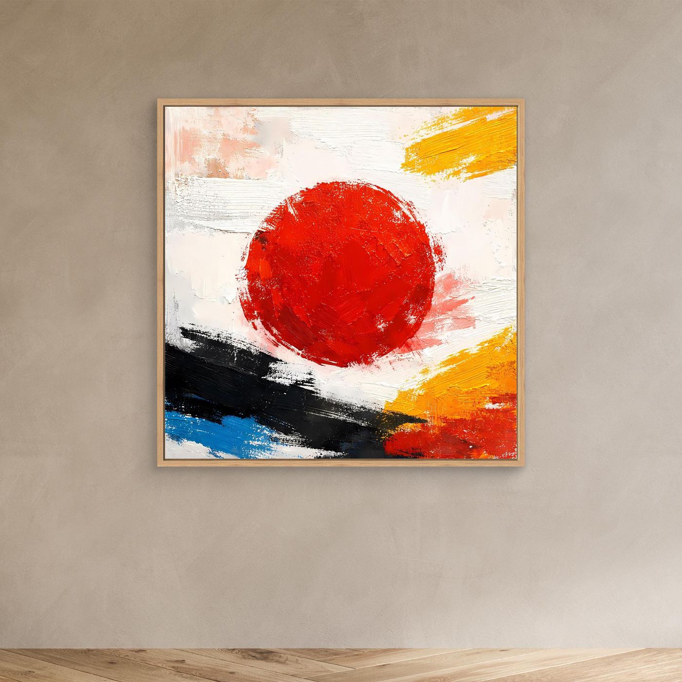 Abstraktes Leinwandbild mit Eichenrahmen: rote Sonne, weißer Pinselstrich, gelbe, blaue, schwarze Flächen.