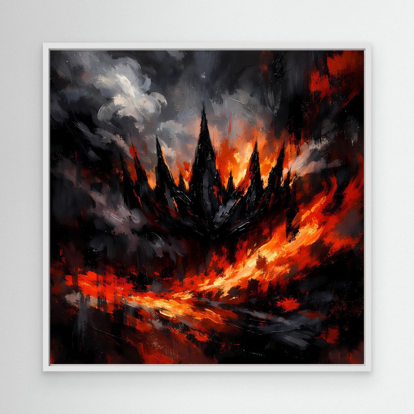 Abstraktes Fantasy-Wandbild mit weißem Rahmen: schwarze Rauchlandschaft, rote Flammen