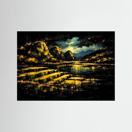 Landschaftsposter mit goldenem See bei Nacht, nur Bildausschnitt, Querformat