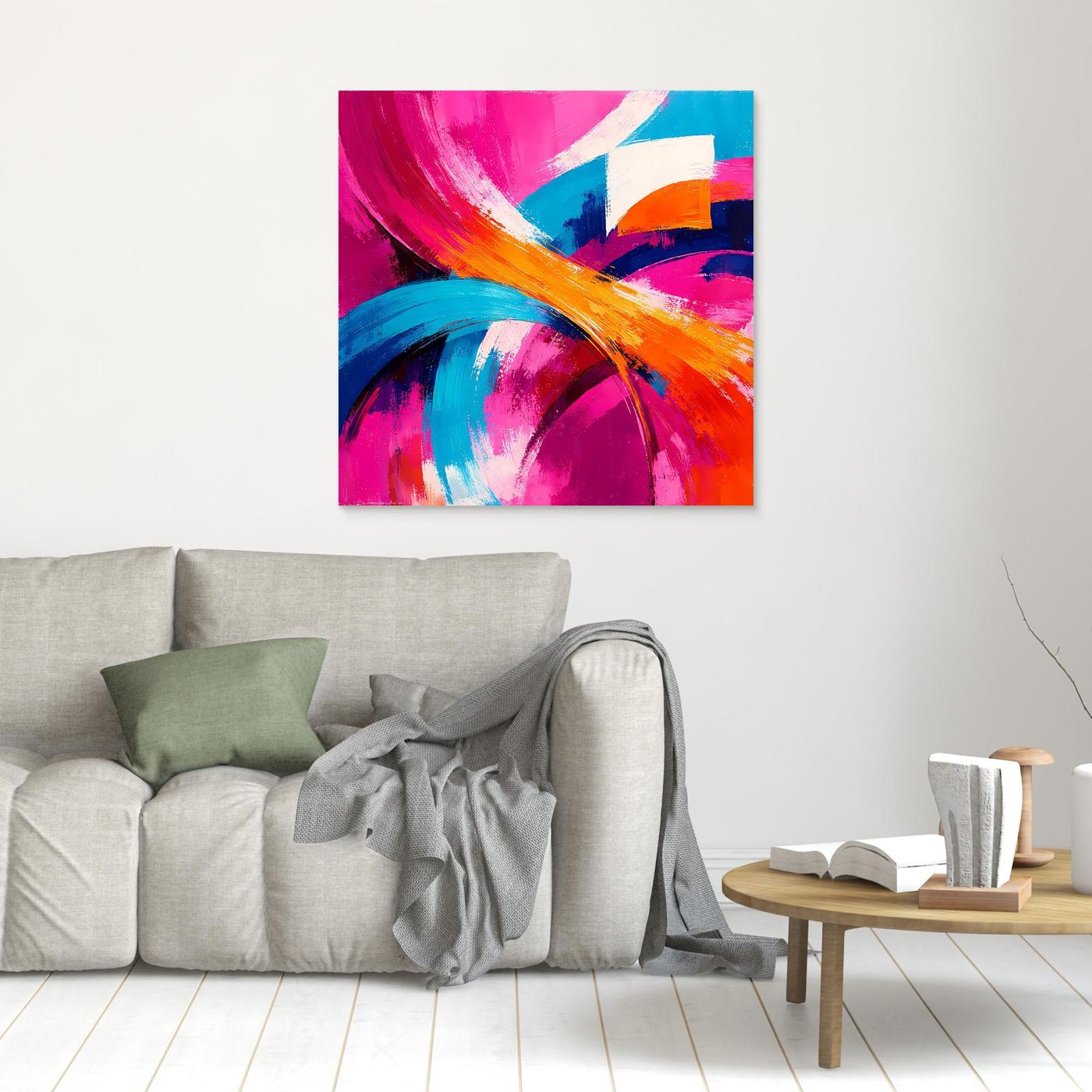 Quadratisches abstraktes Wandbild: magenta, blau, orange, türkisfarbene Bögen, weißer Rahmen