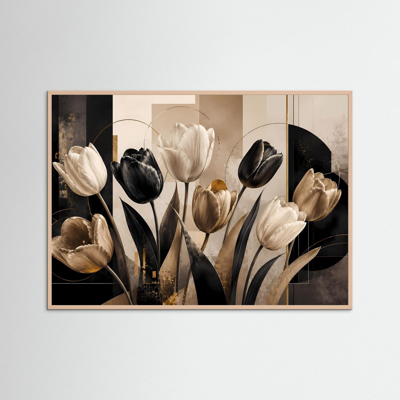 Gerahmtes Poster mit abstrakten Tulpen, schwarz und cremefarben, goldfarbene Akzente, quer