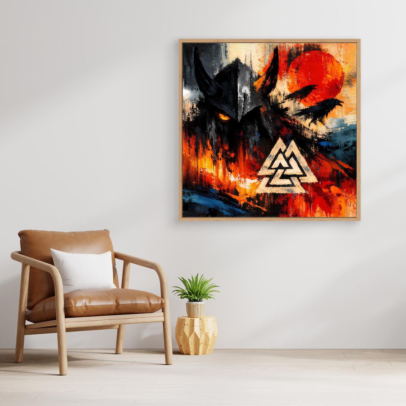 Leinwandbild: schwarzer Rabe mit Valknut-Symbol, abstrakter Hintergrund in Rot-, Blau- und Orangetönen