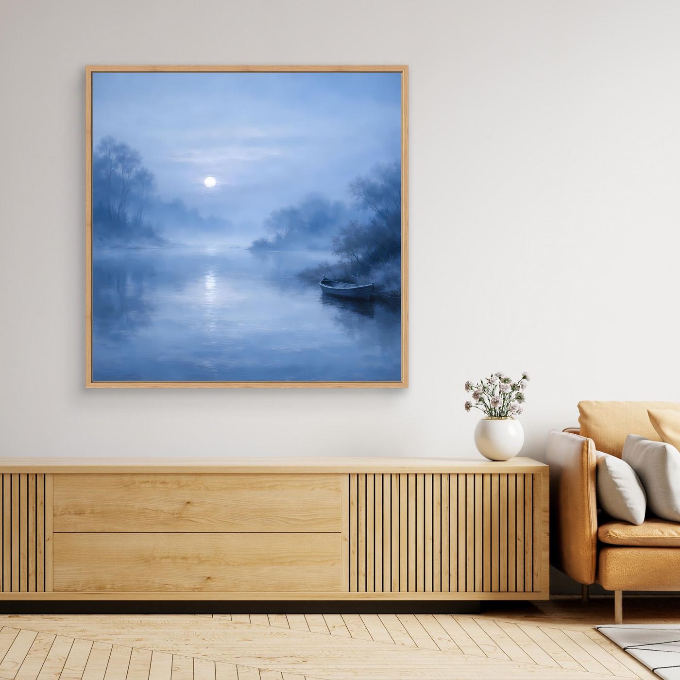 Quadratisches Leinwandbild mit Holzrahmen: blauer Mondschein-Fluss, Nebel, Boot