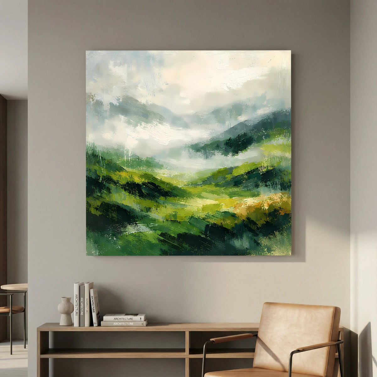 Leinwand Abstraktes Hügellandschaft Gemälde | Modernes Grünes Tal Wandbild Natur