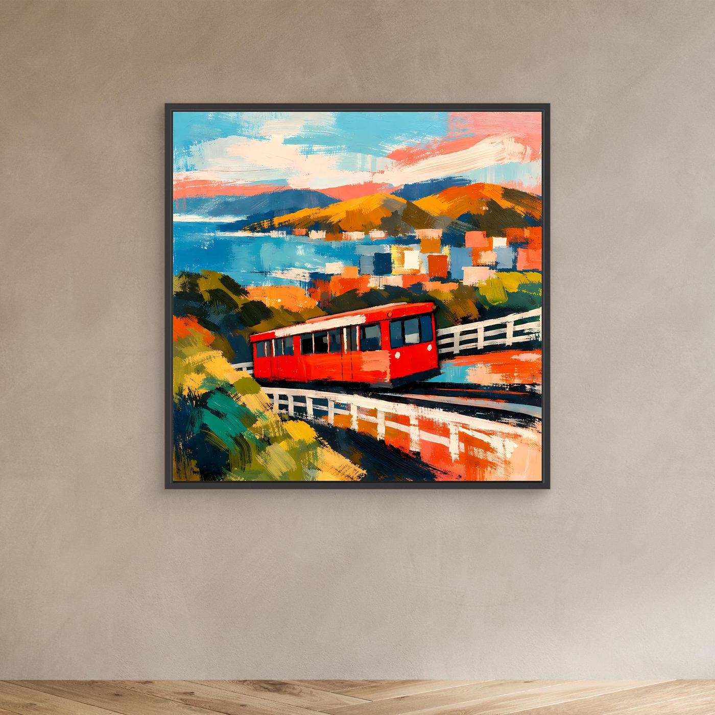 Leinwand-Wandbild: rote Seilbahn im schwarzen Rahmen, abstrakte Küsten- und Stadtoptik