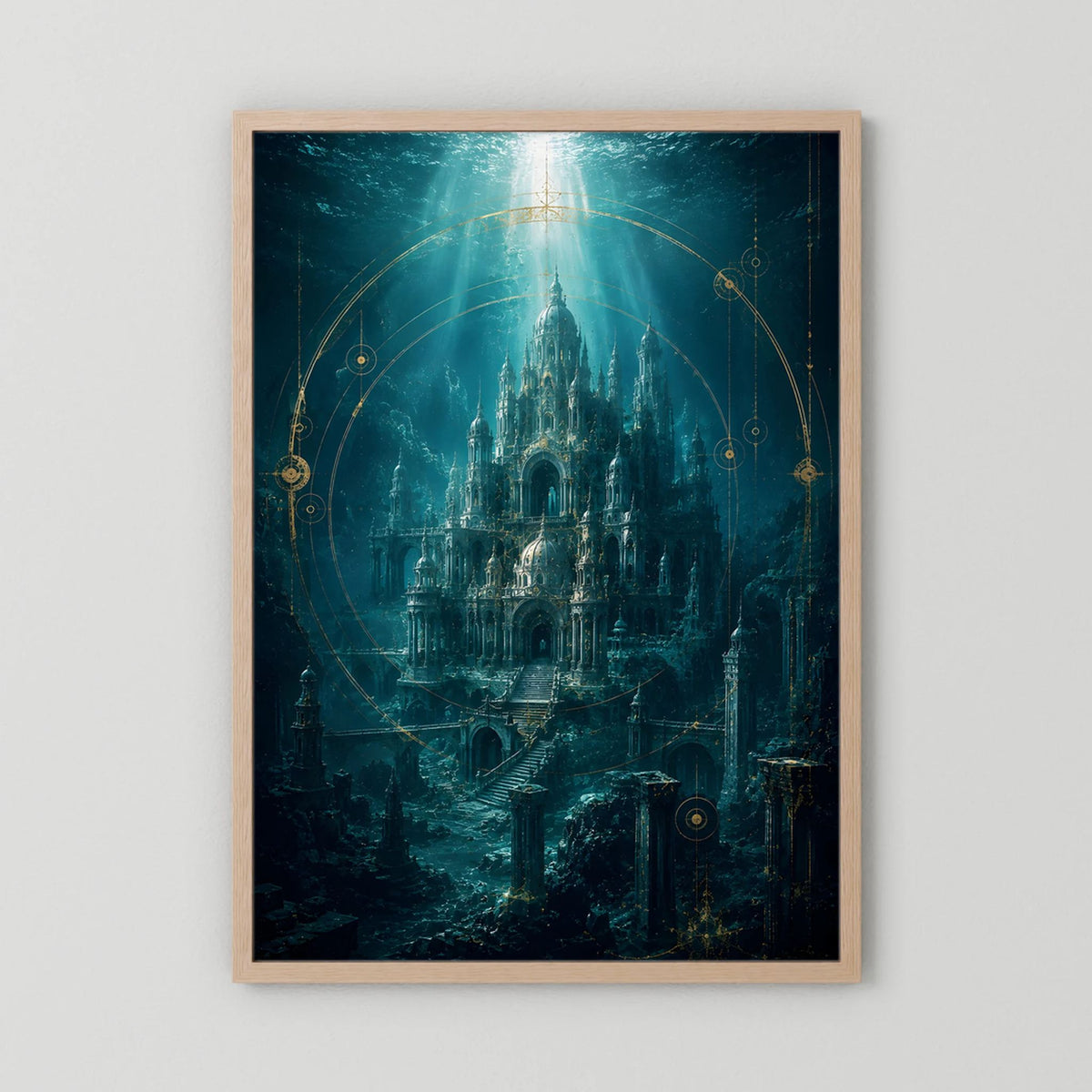 Kunstposter mit hellem Holzrahmen, Unterwasserstadt in Türkis und Gold, Hochformat