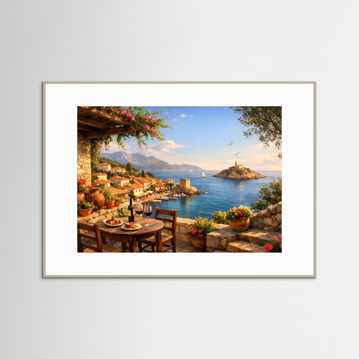 Mediterrane Terrasse mit Meerblick & Wein | Sommer Panorama Poster Querformat