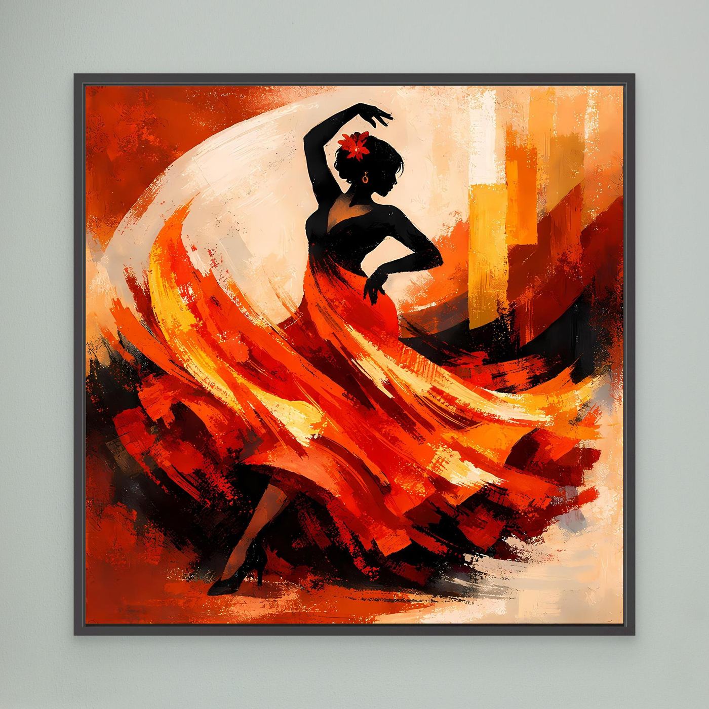 schwarz gerahmtes Leinwandbild einer Flamenco-Tänzerin mit roten, orangefarbenen und gelben Pinselstrichen