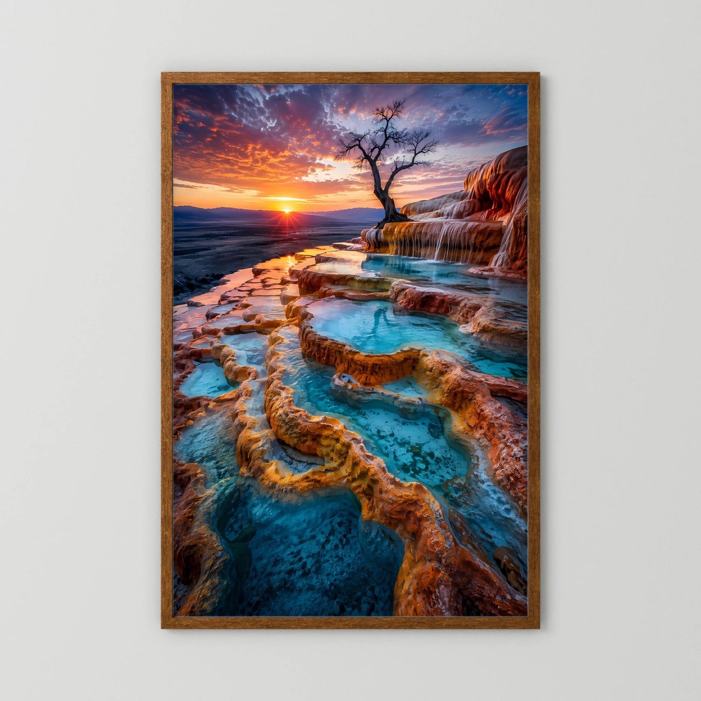 Hochformat-Poster mit türkisfarbenen Naturpools auf Felsenterrassen und Wasserfall bei Sonnenuntergang