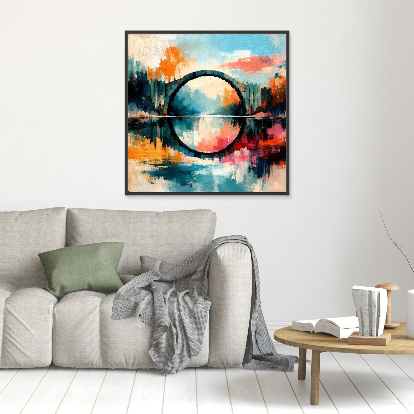 Premium Leinwand Mystische Kreisbrücke im Wasser | Abstraktes Natur Wandbild farbenfroh