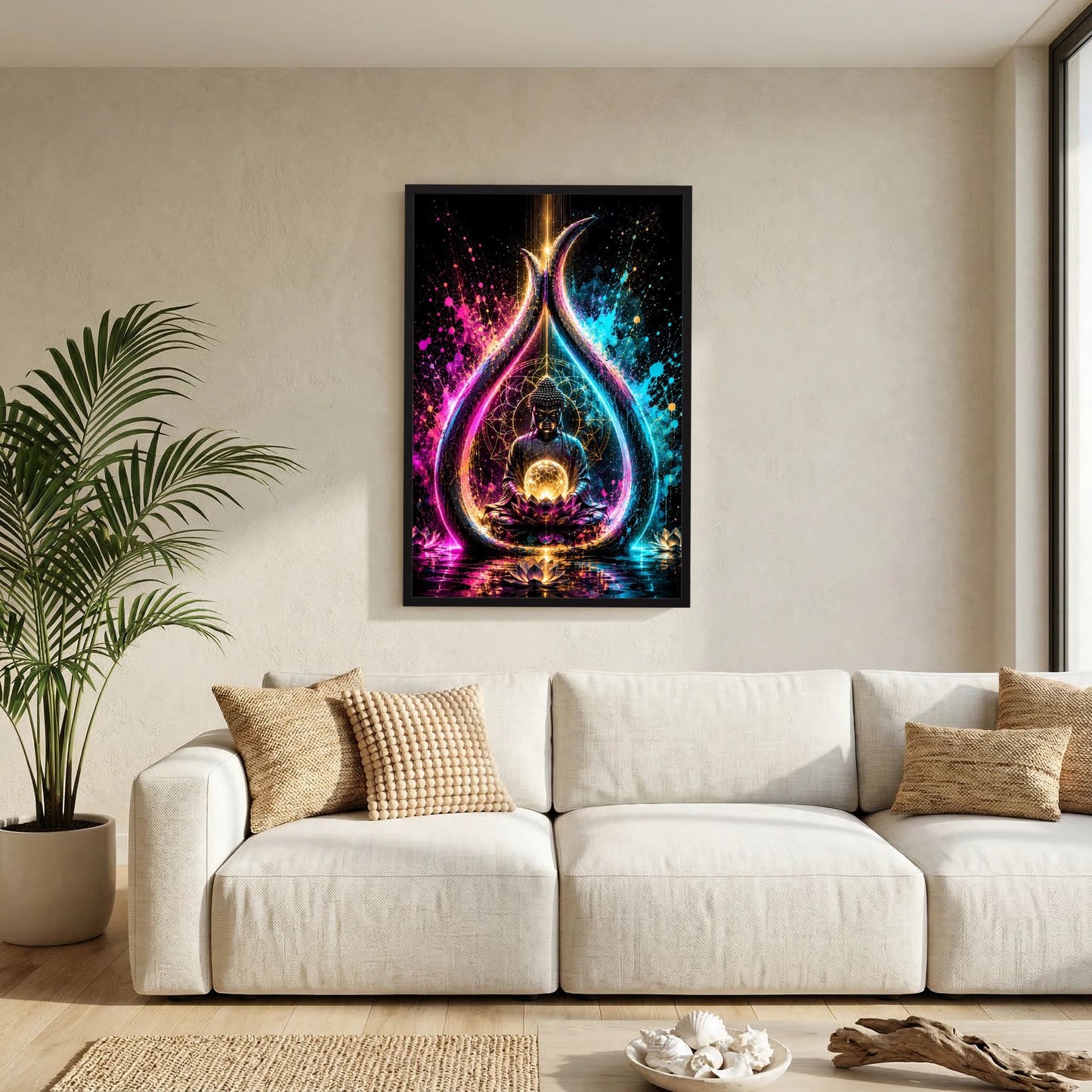 Poster mit meditativer Buddha-Szene auf Lotus, leuchtender Energiekugel und Neon-Teardrop