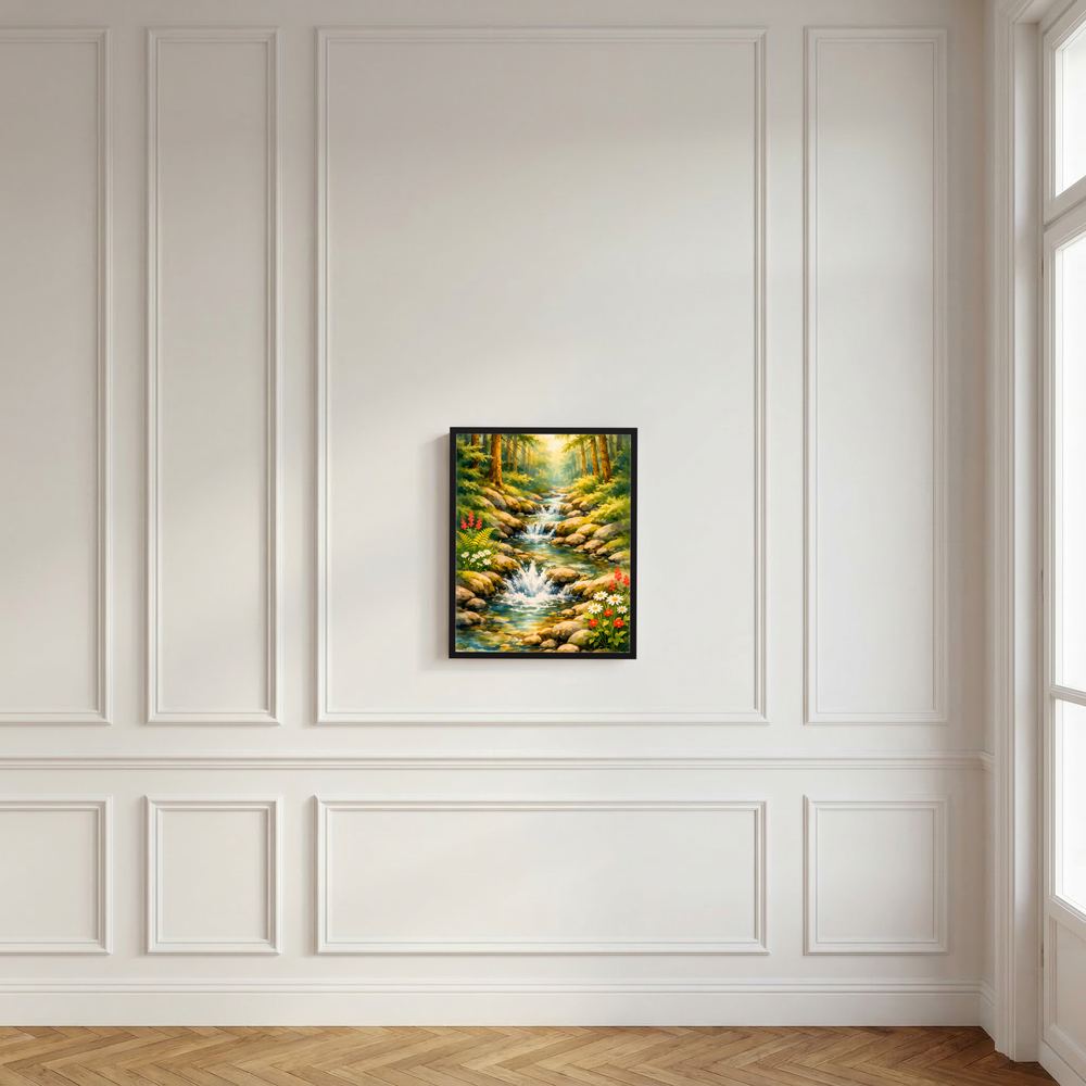 Gerahmtes Wasserfall-Wandposter mit Bachlauf im Wald und farbigen Blumen