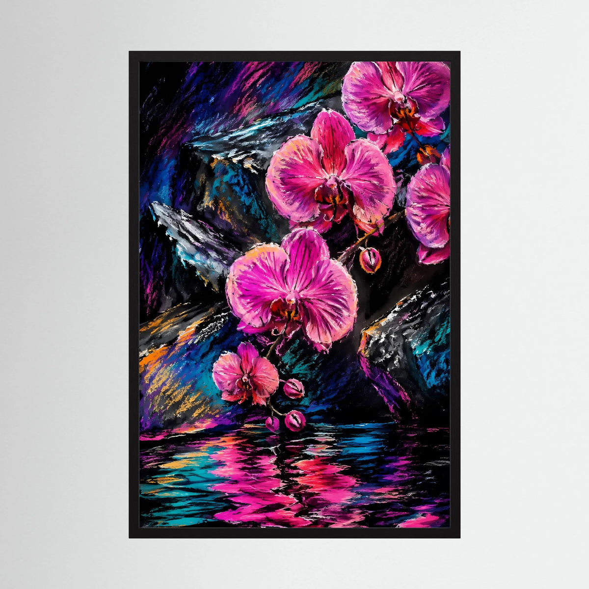 Abstraktes Orchideen-Poster mit pinken Blüten und buntem Reflexionsmotiv, schwarzer Rahmen.