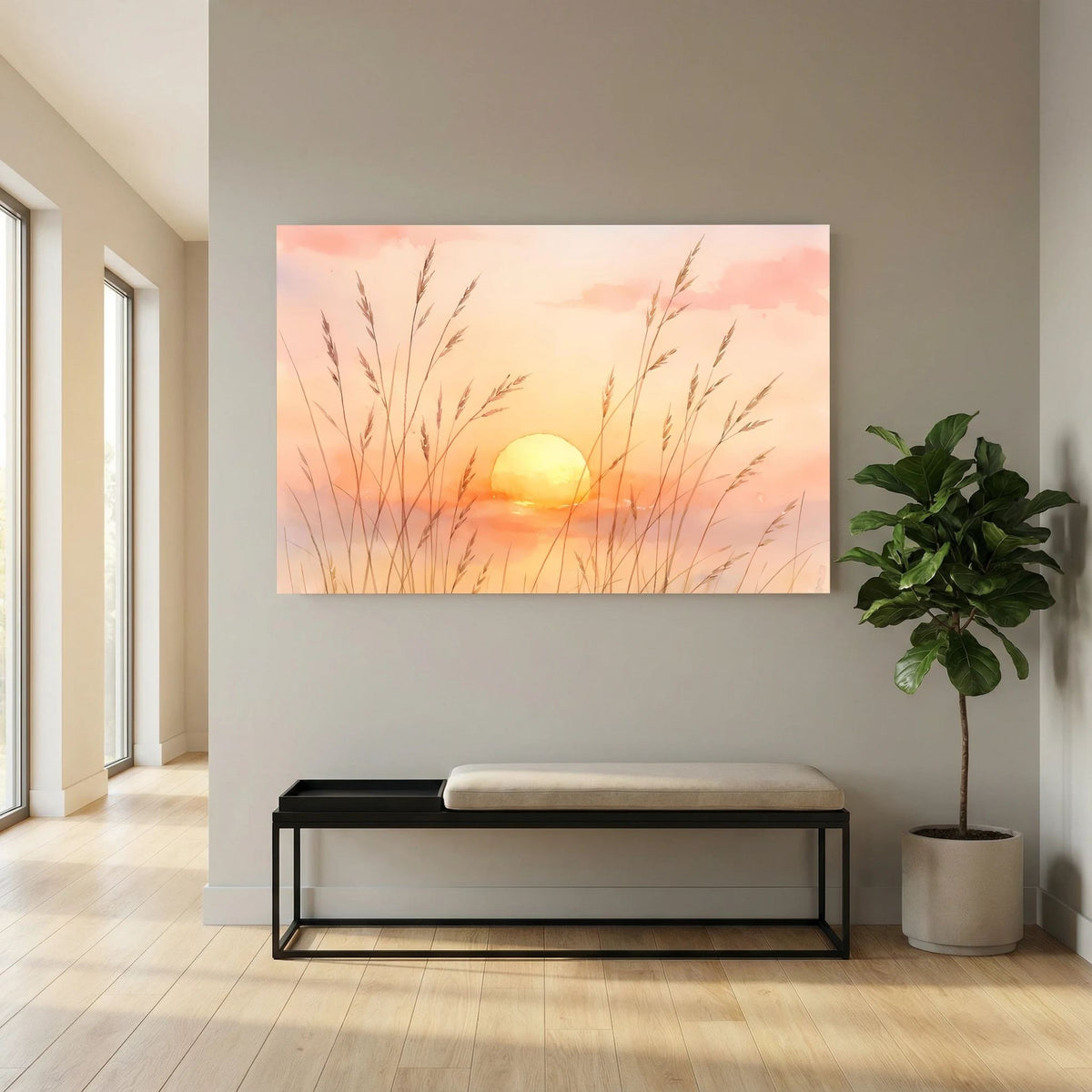 Wandbild im Querformat mit Aquarell-Sonnenuntergang, goldener Sonne und Gräsern