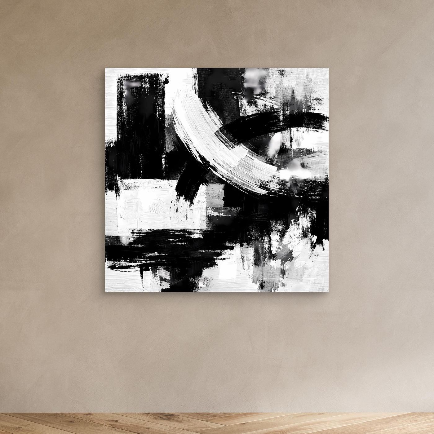 Black-and-white abstract brushstroke canvas wall art, minimalist, no frame on wall
