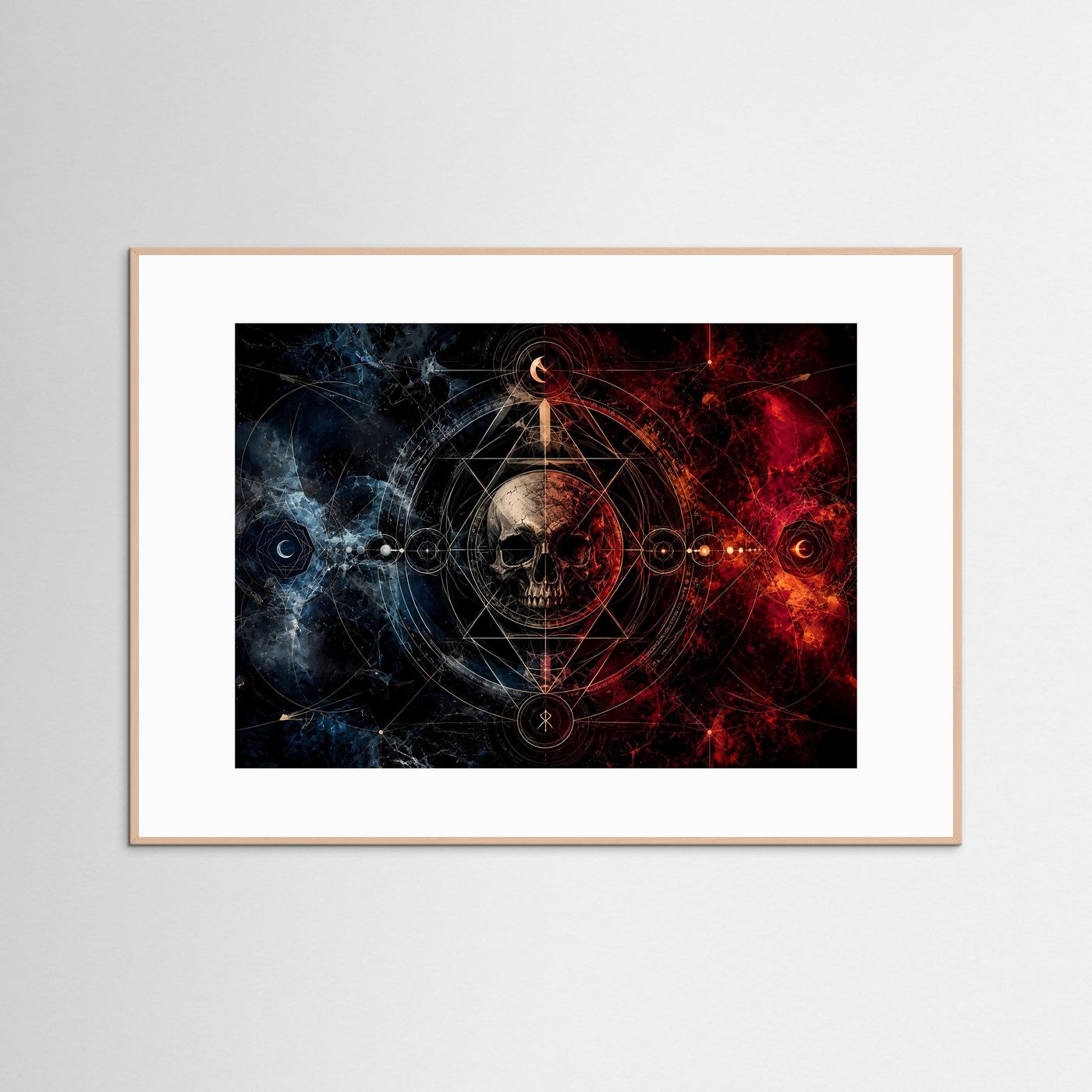 Querformat-Poster mit Totenkopf und Geometrie, hellbrauner Holzrahmen, weißer Rand