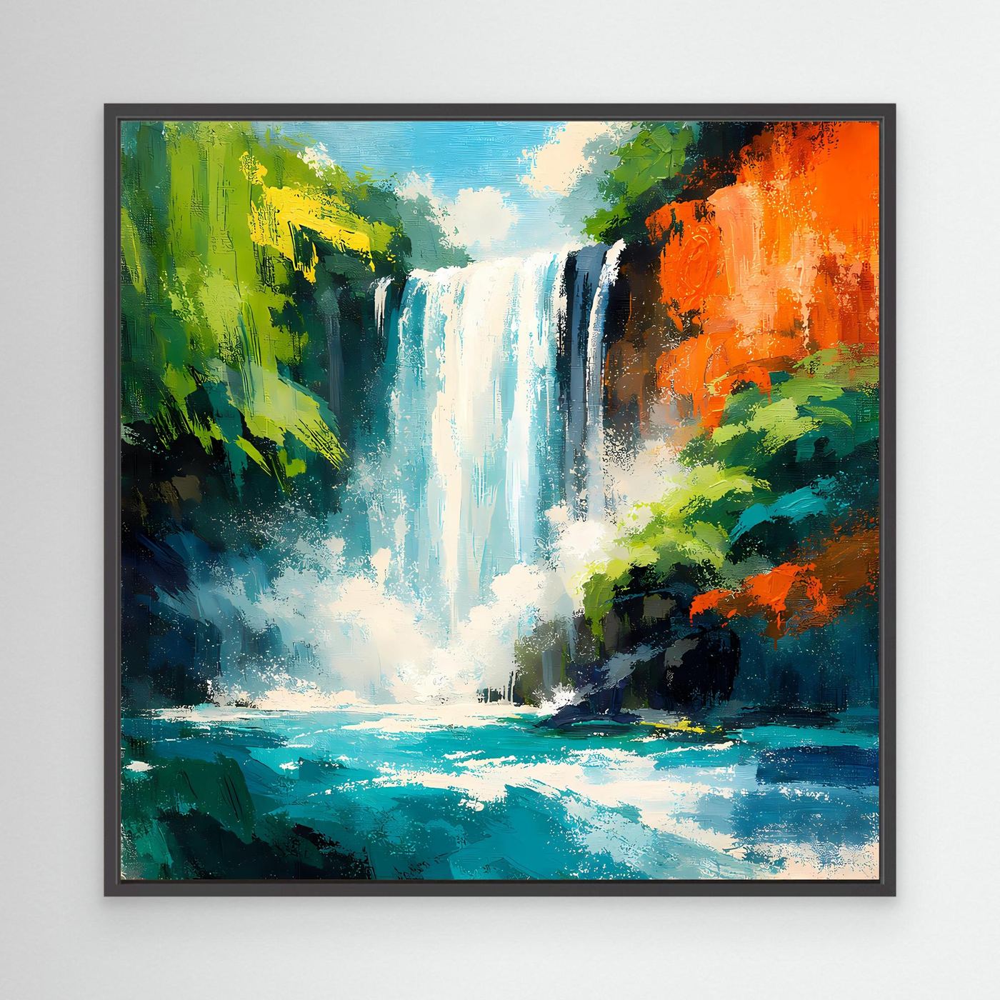 Leinwand-Wandbild mit abstraktem Wasserfall, blaues Wasserbecken und dunkelgrüne Schattenbereiche