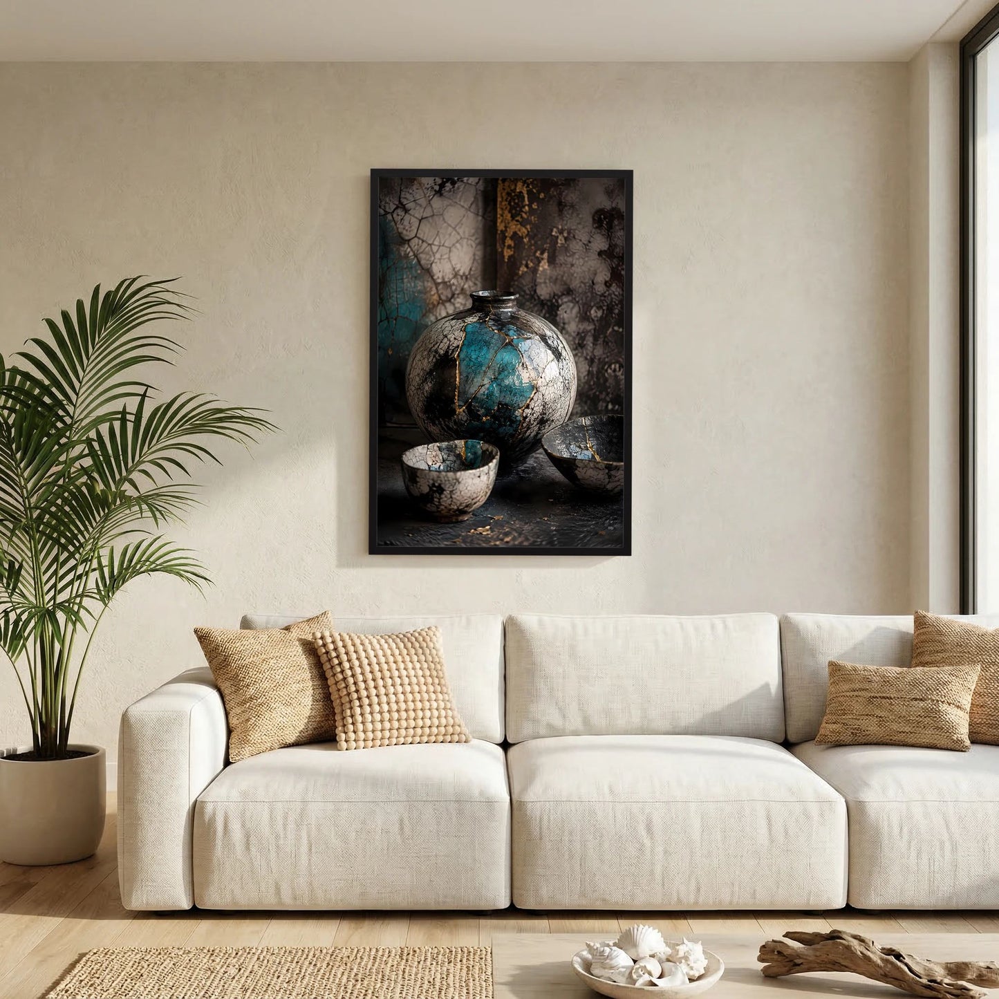 Schwarz gerahmtes Poster im Hochformat: türkis-goldene Keramikvase mit Schalen