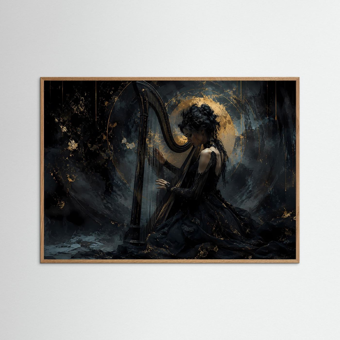 Elegante Harfenistin in Schwarz & Gold | Musik & Fantasy-Wandbild