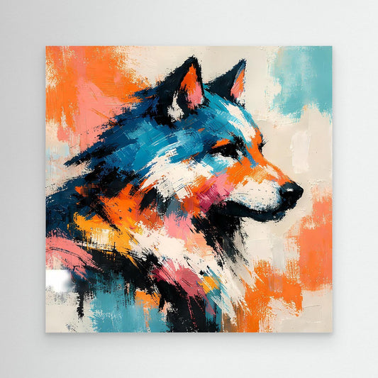 Leinwand-Wandbild mit abstraktem Wolf in Pop-Art, orange-blau, ohne Rahmen