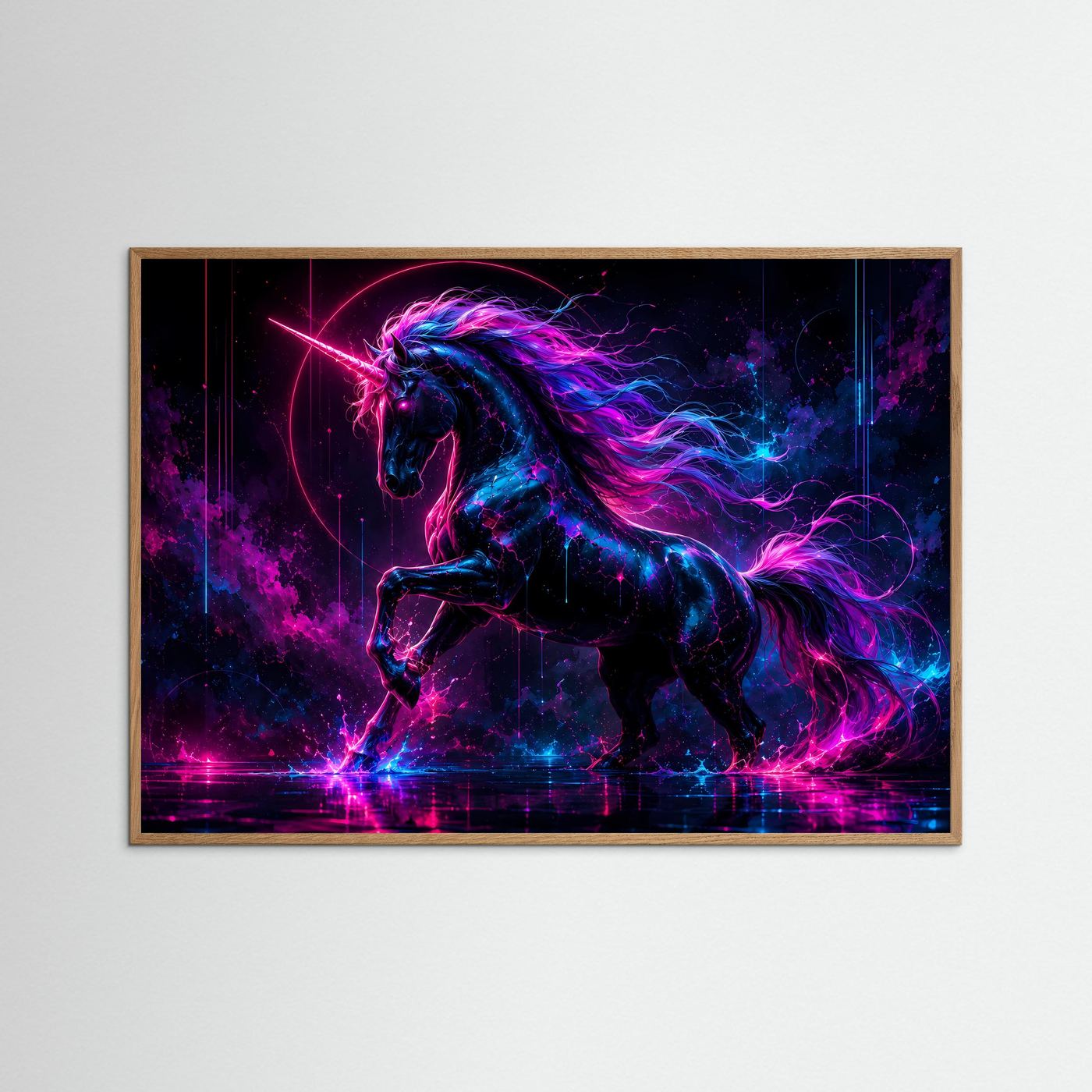 Neon Einhorn Poster | Mystische Fantasy Wandkunst | Magisches Unicorn | Cyberpunk Kunst | Premium Leinwandbild