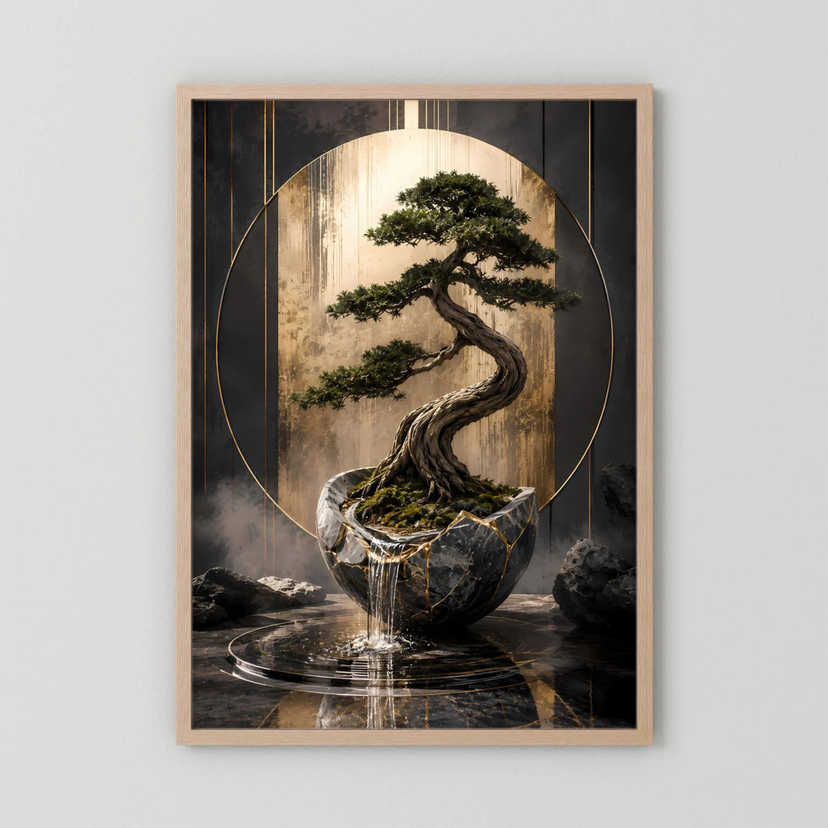 Hochformat-Poster Bonsai im dunklen Topf mit goldenen Akzenten, Holzrahmen hell