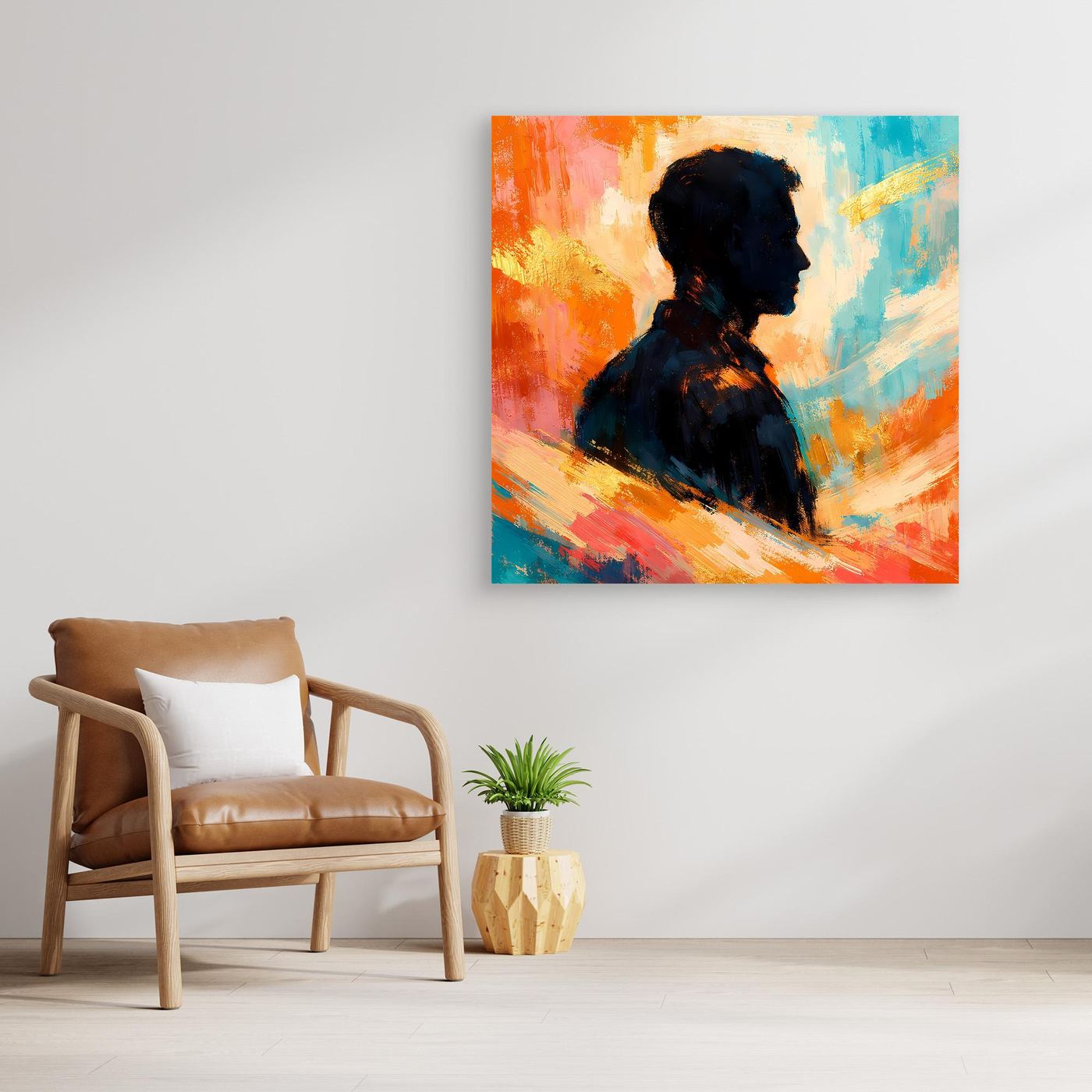 Ungerahmtes Leinwandbild mit abstrakter Silhouette eines Mannes in warmen Farben.