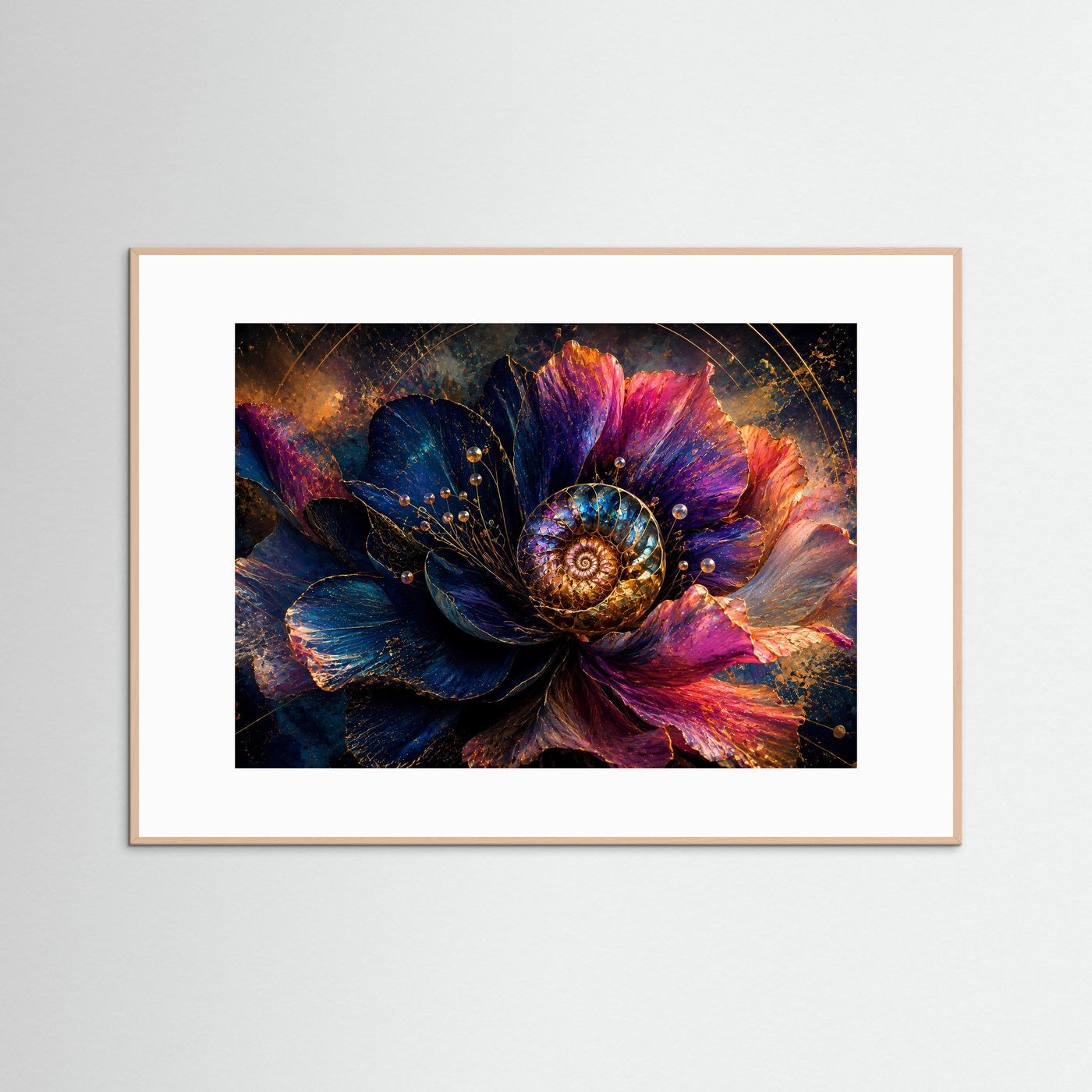 Abstrakte Blume mit Ammonit Wandbild | Luxuriöse Floral Fossil Kunst | Blau Pink Gold Modernes Poster | Elegante Botanical Wall Art | Leinwand